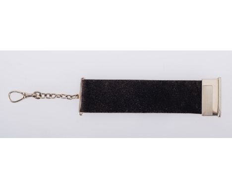 A contemporary black felt & white metal watch fob, chain link & fixed swivel clasp, clasp ring marked 585, (14ct), total gros