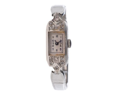 An Art Deco cocktail watch, the geometric designed case set with twelve old-cut diamonds with side panel engraving, hand engr
