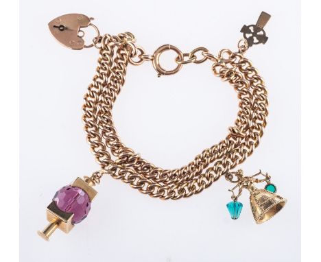 A charm bracelet with three charms, a double-row curb bracelet with heart padlock, links and heart padlock marked 375, 9ct, w