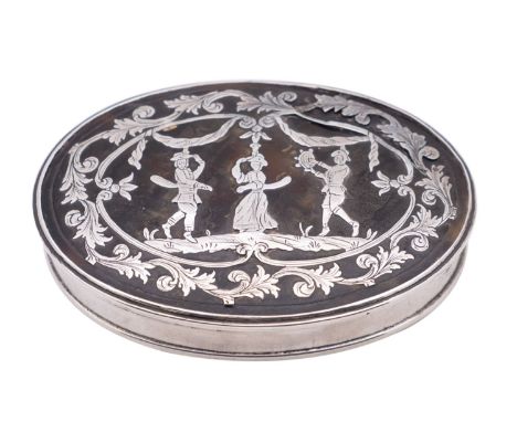 An 18th century Dutch tortoiseshell and silver snuff box, not marked, the lid decorated with three folk dancers, two holding 