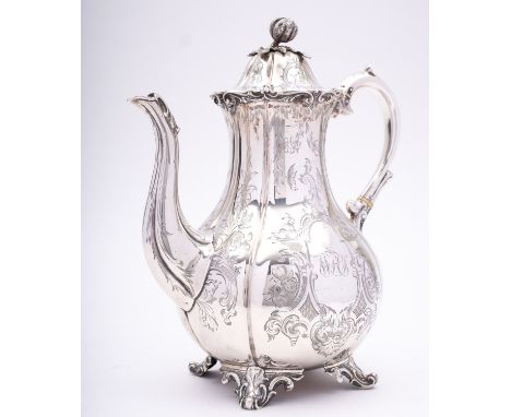 A Victorian silver coffee pot by James Aldridge, London 1853, of fluted baluster form, the domed hinge lid with cast finial, 