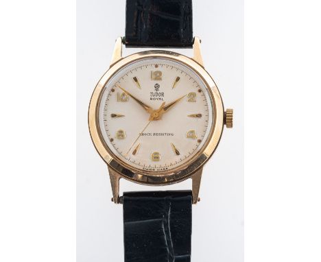 Tudor a 9ct gold gentleman's wristwatch the round cream dial signed Tudor Royal, Shock Resistant with baton & Roman numerals 