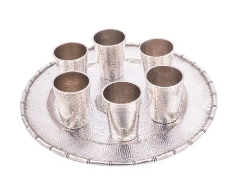 A set of six early 20th century Chinese Export silver Vodka cups, marks to base- unidentified, inverted tapering form, hammer