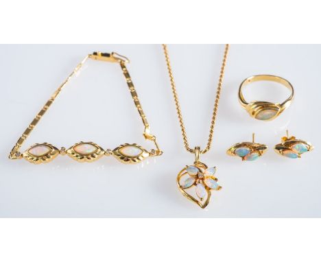 A group of opal jewellery, the pendant of flower design set with five marquise shaped opal cabochons & a brilliant-cut diamon