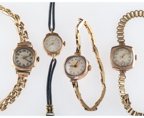 Tudor, a 9ct gold lady's wristwatch and three other cocktail watches, the round silvered dial signed Tudor and having raised 