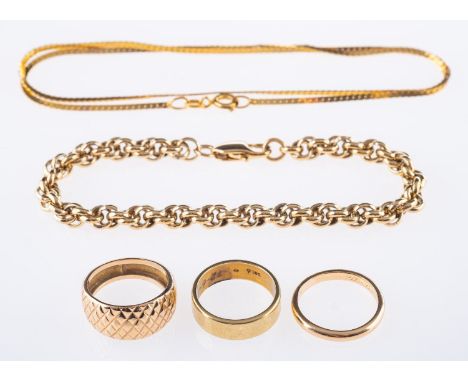 A mixed group of jewellery, including a flat link chain, marked 14k, length 44.5cm, 3.8grams; a wedding band, marked 585, siz