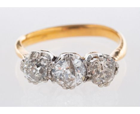 A three stone ring, claw set with old brilliant-cut diamonds, diamonds approx. 1.00 carats total, unmarked & untested, size H