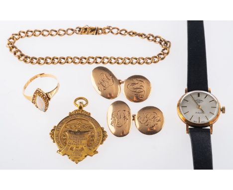 A mixed group of jewellery, including a pair of oval & circular link engraved cufflinks, chain link, marked 15, .625, 12.9gra