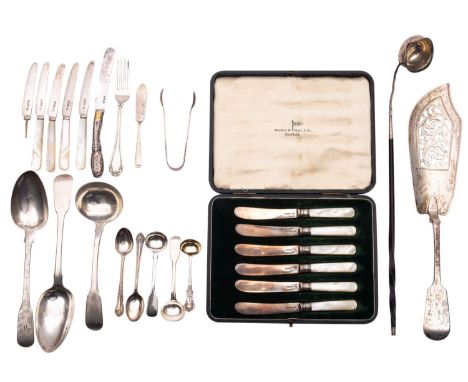 A mixed group of silver flatware comprising: a silver Fiddle pattern fish slice by William Eaton, London 1854, with two Fiddl