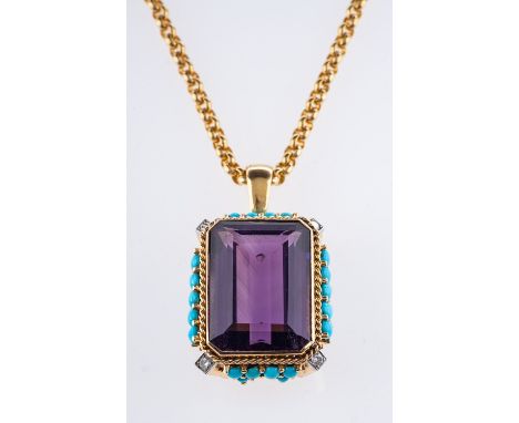 A large amethyst, turquoise and diamond pendant with chain, the pendant is set centrally with a step-cut rectangular amethyst