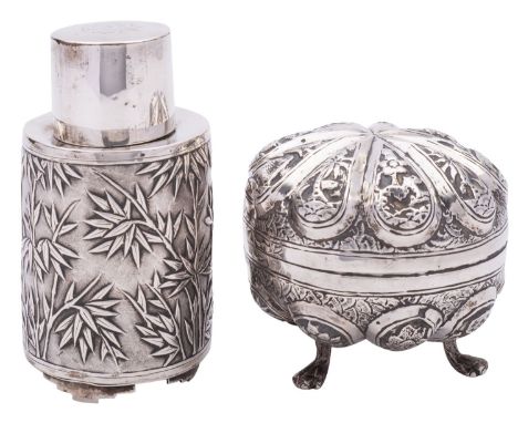 A Chinese Export silver tea caddy by Wang Hing, Hong Kong, Canton & Shanghai, of cylindrical form with pull off cover with en