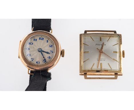 Two 9ct gold watches, including a vintage square shaped 9ct yellow gold Nivada watch face (no bracelet/strap), silvered dial 