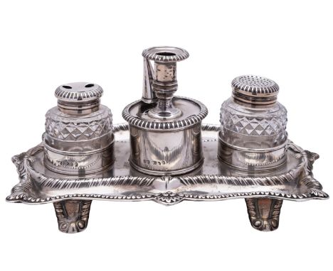 A George IV silver inkstand by Richard Morton & Co., Sheffield 1826, shaped rectangular with gadrooned borders, a detachable 
