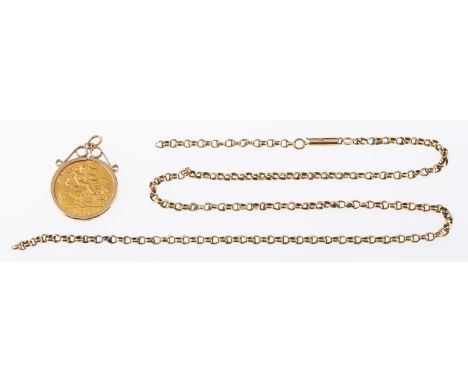 A George V 1913 half sovereign, in a 9ct yellow gold mount, UK hallmark, total gross weight 5.0grams; and a belcher chain, (b