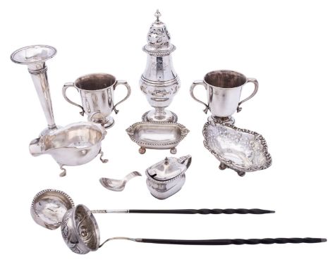 A group of silver items comprising: a George III silver salt by Stephen Adams II, London 1812, of round rectangular raised on