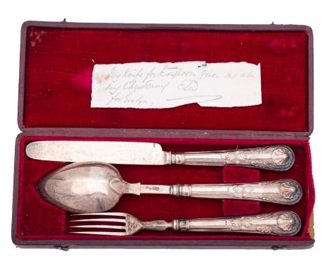 A Victorian silver three piece christening set by George Unite, Birmingham 1838, Queens pattern, comprising of knife, fork, s