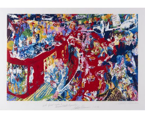LeRoy Neiman (American, 1921-2012). Serigraph on paper titled "Bar at 21," 1974. Signed in pencil along the lower right. Numb
