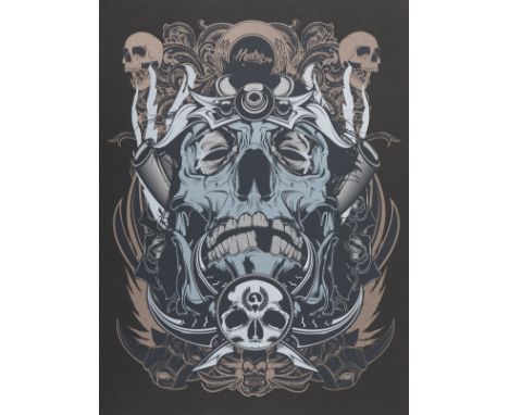 Joshua Smith/Hydro74 (American, b. 1974). Color lithograph on paper depicting a skull with several other skull motifs shown t