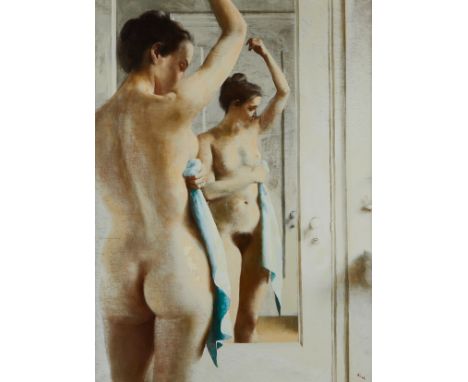 John Koch (American, 1909-1978). Oil on canvas titled "Nude (After the Bath)," depicting a nude woman with her right arm rais