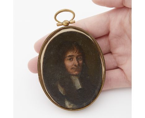 Mid-17th century Anglo-Flemish School miniature painting on copper of a half-length portrait of a gentleman with long, wavy b