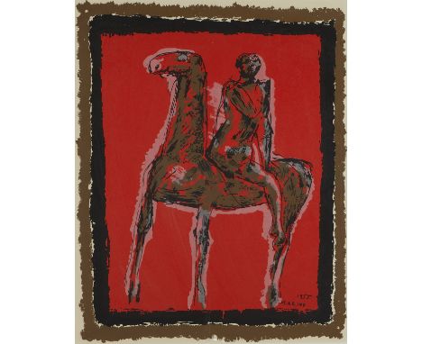 Marino Marini (Italian, 1901-1980). Serigraph on paper depicting a figure seated on a horse against a vibrant red background.