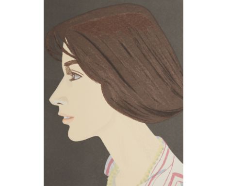 Alex Katz (American, b. 1927). Lithograph on paper titled "Susan" depicting a profile portrait of a woman with brown hair wea
