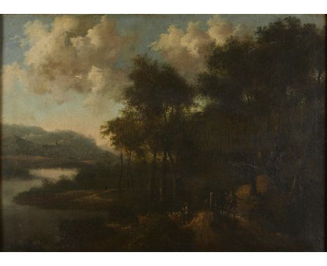 Attributed to Jacques d'Arthois (Flemish, 1613-1686). Old master oil on canvas painting of a riverbank with lush trees and la