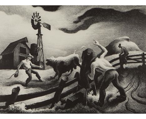 Thomas Hart Benton (American, 1889-1975). Lithograph on paper titled "Photographing the Bull," 1950, depicting a surrealist f