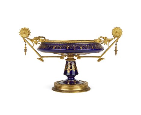 French Empire ormolu and enameled tazza with an elaborate gilt scroll design throughout set against a cobalt blue ground, dec