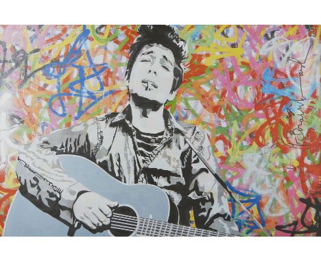 Mr. Brainwash (French, b. 1966). Offset lithograph print titled "Bob Dylan," depicting the folk singer Bob Dylan playing the 