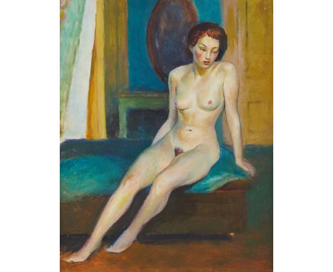 Guy Pene Du Bois (American, 1884-1958). Oil on canvas-laid board painting depicting a nude woman sitting on a bed and gazing 