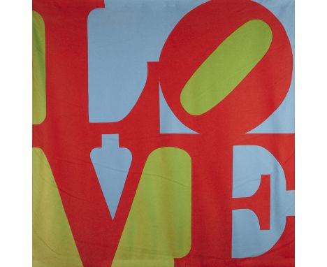 Robert Indiana (American, 1928-2018). Felt tapestry in red, blue, and green titled "Love" with Robert Indiana's famous letter