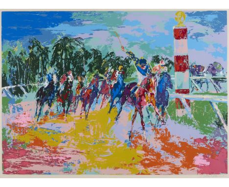 LeRoy Neiman (American, 1921-2012). Serigraph on paper titled "Florida Racing," 1974, depicting a race with jockeys and their