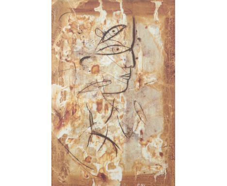 Jamali (American, b. 1944). Color lithograph on paper titled "Profile," depicting an abstracted face in umber brown over a re