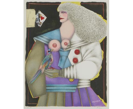 Richard Lindner (German-American, 1901-1978). Color lithograph on paper depicting a woman holding a bird with segments of pla