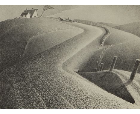 Grant Wood (American, 1891-1942). Lithograph on paper titled "March," depicting a horse drawn cart traveling up a long, windi