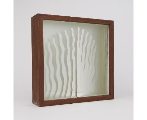 James Kielkopf (American, b. 1939). Painted glass sculpture housed in a wooden frame. Signed and dated "Dec. 1966" along the 