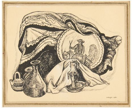 Wanda Gag (American,  1893-1946). Pen and ink drawing on paper titled "Composition" depicting a still life scene with a plate