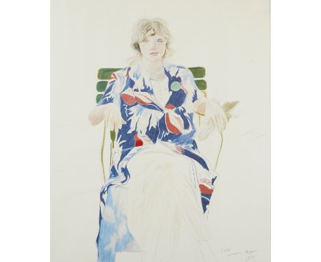 David Hockney (British, b. 1937). Offset lithograph print titled "Celia, Carennac, August" depicting a portrait study of Celi