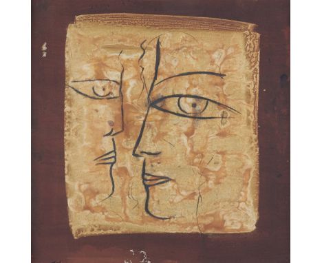Jamali (American, b. 1944). Color lithograph on paper depicting surrealist faces in profile over a swirled tan background. Si