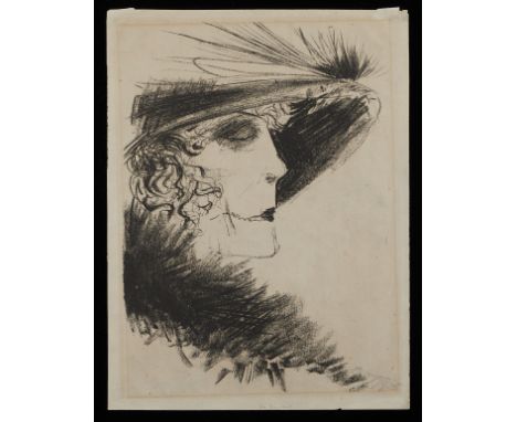 Otto Dix (German, 1891-1969). Lithograph on paper titled "Dame mit Reiher," (Women with a tuft of Heron feathers) depicting a