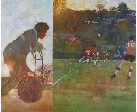 Bernard (Bernie) Fuchs (American, 1932-2009). Oil on canvas diptych paintings portraying figures playing soccer. The far left