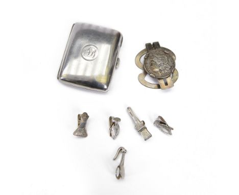 Group of silver, comprising money clip set with 1921 Morgan dollar, stamped sterling, five small money clips and a cigarette 