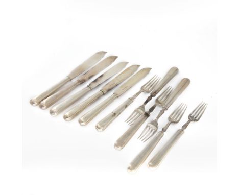 Edwardian silver fish knives and forks for six place settings, with silver handles, blades and prongs, all engraved with cres