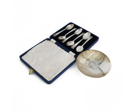Set of six 1930s commemorative silver teaspoons, hallmarked R Bond & Co, Sheffield 1935, contained within fitted case, togeth