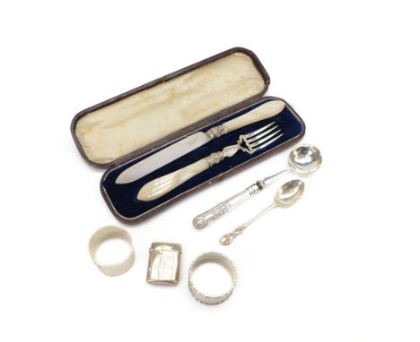 Group of silver, including cased mother of pearl handled knife and fork set with engraved initials and decorations to prongs 