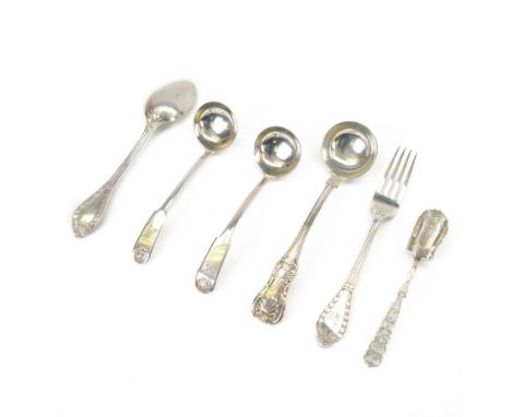 Group of silver cutlery, comprising Edwardian sugar spoon with shovel bowl and pierced handle, with bright cut decoration thr