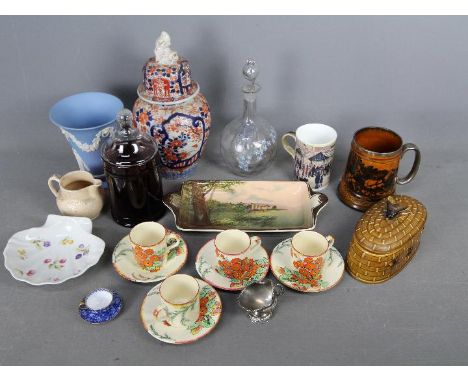 A mixed lot of ceramics and glassware to include Parrot &amp; Company Coronet Ware, Wedgwood Jasperware, Oriental ginger jar,