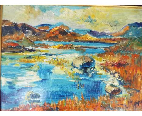James Lawrence Isherwood (British, 1917 - 1989), framed oil on board landscape of a Scottish Loch, signed lower left and date
