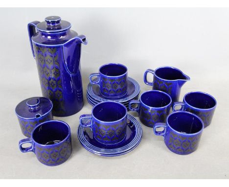 A Hornsea Pottery blue glaze 'Heirloom' pattern coffee service comprising coffee pot and cover, six cups and six saucers, sug